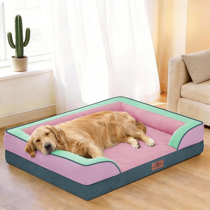 Comfort Expression Orthopedic Dog Bed for Large Dogs 36x27 Inch, Waterproof Egg Crate Foam Large Pet Bed with Removable Bolsters, Dog Couch with Washable Cover & Non-Slip Bottom, Mint-Berry Dream