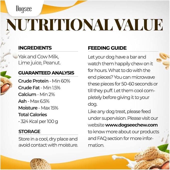 Dogsee Peanut Butter Flavor Himalayan Yak Cheese Dental Chew's for Dogs 1lb (Medium - 6 Chews) | Dog Treats Healthy | for Shiny Skin & Coat | No Grain, No Gluten | Dog Chews Rawhide Free