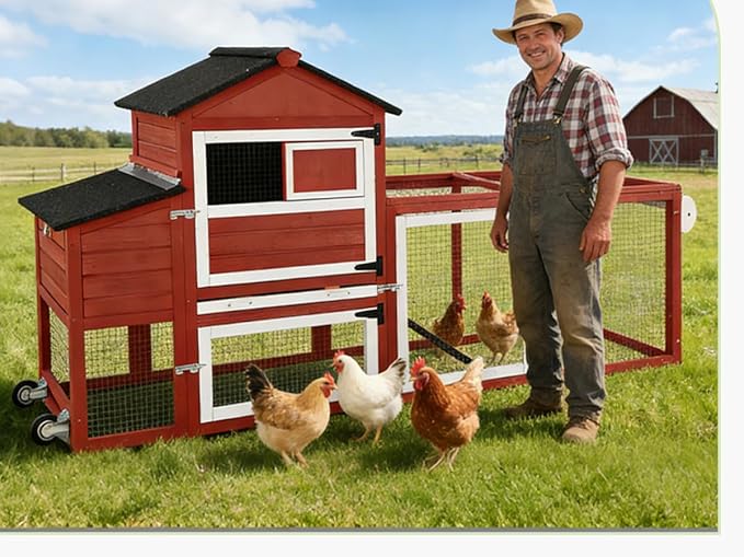 GUTINNEEN Mobile Chicken Coop with Wheels for 2-4 Chickens, Expandable Wooden Hen House with Divided Nesting Box, Reinforced Coop Balcony, Roosting Perch, Metal Pull-Out Tray, 82.4" L (Red)