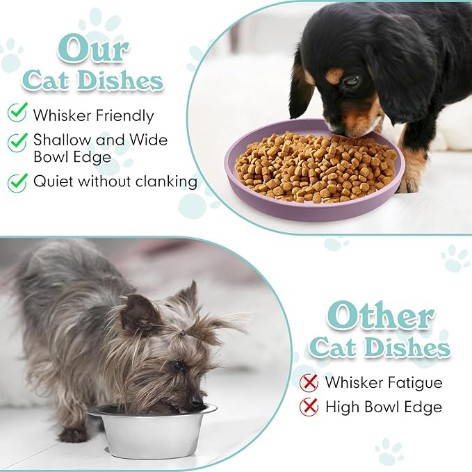Silicone Dog Bowl Shallow Cat Food Bowls 7in Flat Puppy Plates Cute Whisker Fatigue Pet Feeding Dishes Set of 2 for Dry and Wet Food Indoor (Round Purple)