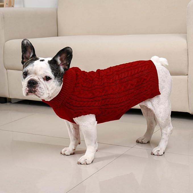 2 Pack Dog Sweaters for Medium Dogs Winter Turtleneck Pullover Cable Knit Fleece Stretch Frenchie Dachshund Pug Corgi Beagle Boy Girl Pet Clothes (M, Pink & Red)