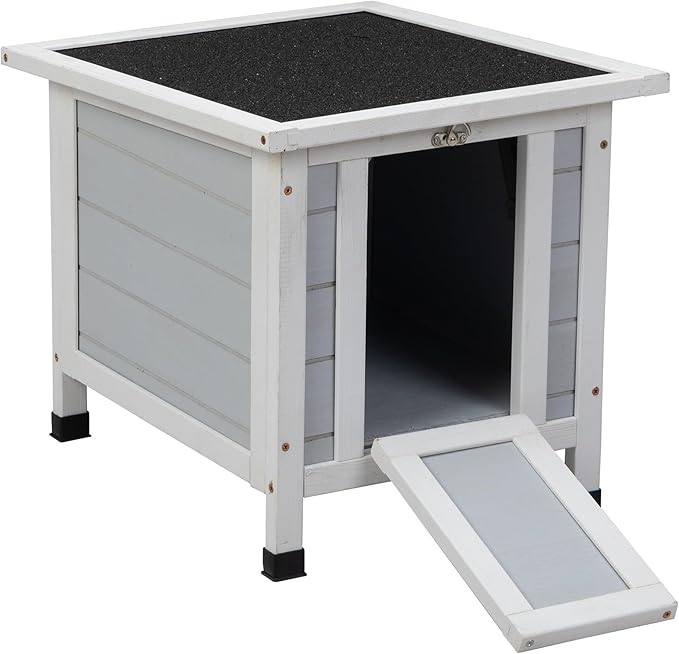 SANDINRAYLI Outdoor Cat House Weatherproof, Wooden Rabbit Hutch Bunny Cage Chicken Coops Shelter with Elevated Floor for Feral Cat/Bunny/Guinea Pig/Duck, Grey