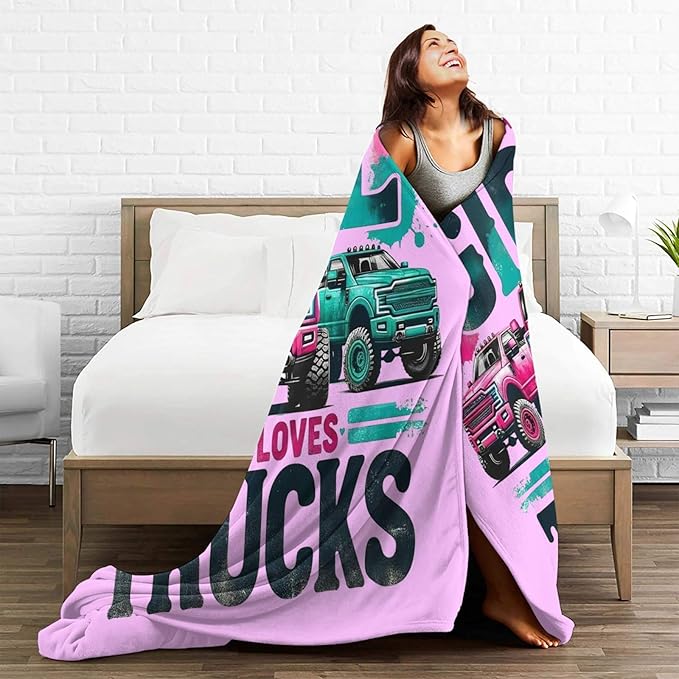 SweetFox Just A Girl Who Loves Trucks Blanket, Truck Decor Throw Blanket Gifts for Girls Boys Lovers Super Warm Soft Plush Fleece Flannel Winter Bedding Blankets for Kids Adults Men Women 80"X60"