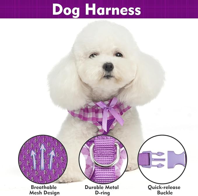 EXPAWLORER Cute Dog Harness Collar Leash Set - Purple Girl Dog Harness Checkered Step-in Design, Detachable Bow Pet Collar, Adjustable No-Choke Lightweight Mesh Vest for Small Medium Dogs, M