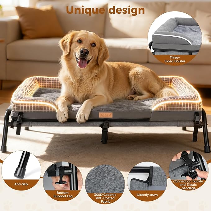 Lekereise Outdoor Elevated Dog Bed,Raised Dog Beds for Large Dogs, Washable Dog Cot with Headrest Sides, Non-Skid Feet,Breathable Mesh,Cooling Pet Beds for Indoor or Camping