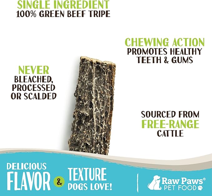 Raw Paws Green Beef Tripe Sticks for Dogs - 6-Inch (5-Count) - Packed in USA - Dried Tripe Dog Treats from Free-Range, Cows No Added Antibiotics or Hormones - Dehydrated Beef Green Tripe for Dogs