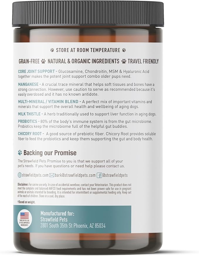 Strawfield Pets Senior Multivitamin + Probiotics for Dogs with Milk Thistle Joint Support Supplement for Dogs Bacon Flavor 120 Soft Chews