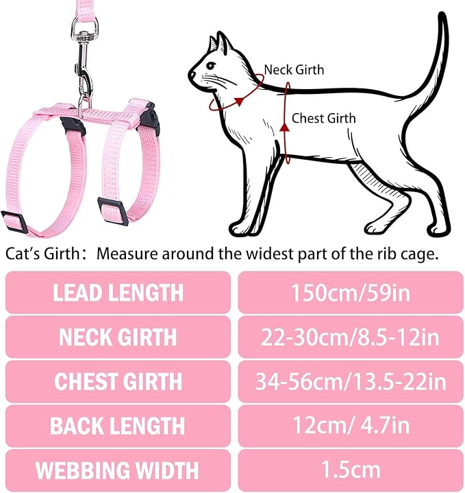 PUPTECK Adjustable Cat Harness and Leash Set Escape Proof Kitten Strap Collar for Walking Travel, Pink, M