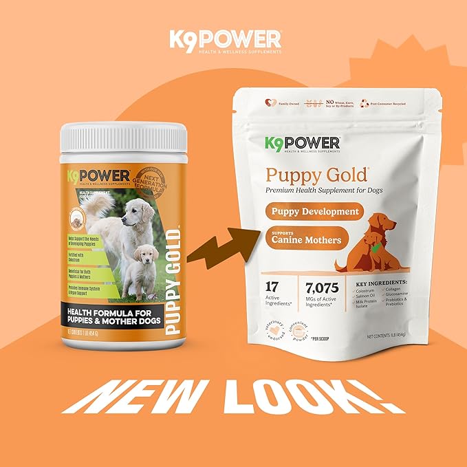 K9 Power Puppy Gold – Puppy Supplement for Growth & Development – Also Supports Pregnant & Nursing Mothers – Colostrum, DHA, Glucosamine, Collagen, Probiotics, Creatine, Milk Protein, Salmon Oil