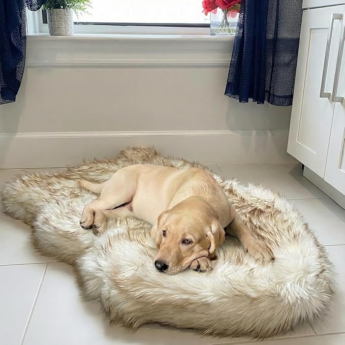 IHAPPYDOG Luxury Faux Fur Orthopedic Dog Bed, Memory Foam Dog Bed for Small, Medium, Large and XL Pets, Fluffy Pet Rug with Waterproof and Washable Cover (White w/Brown Tips, 40"x25")