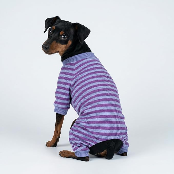 Fitwarm Purple and Violet Striped Dog Pajamas, Waffle Dog Clothes for Small Dogs Girl Boy, Puppy Onesie with Feet, Pet Cat Outfit, XS