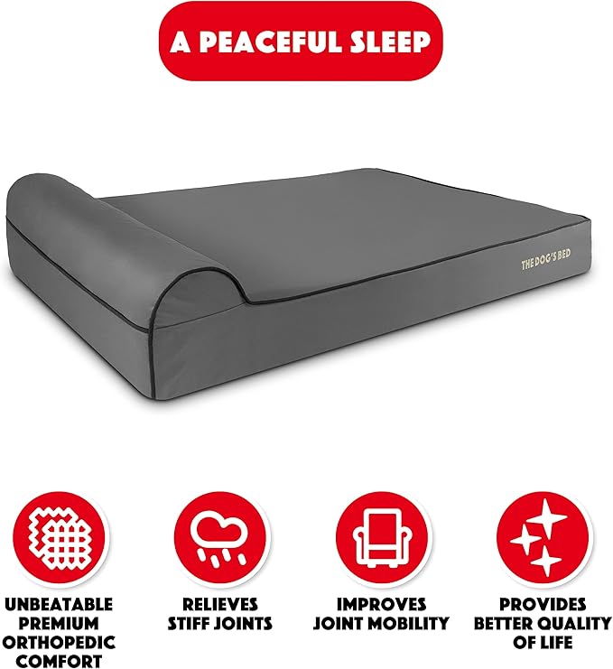 The Dog’s Bed Orthopedic Memory Foam Dog Bed with Headrest, Calming Surface – CertiPUR-Certified Foam, Oxford Fabric, Grey with Black Trim, XXL, 6-Inch