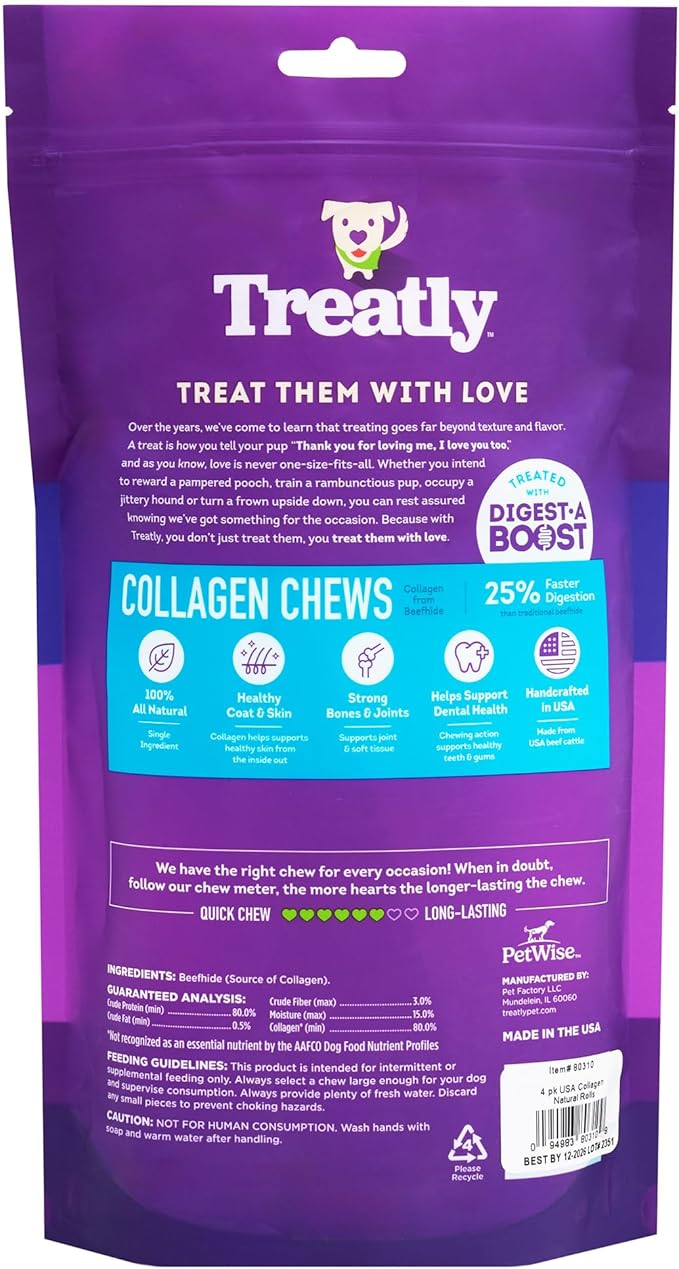USA Collagen Rolls 6-7" Dog Chew Treats - Natural Flavor, 4 Count/1 Pack