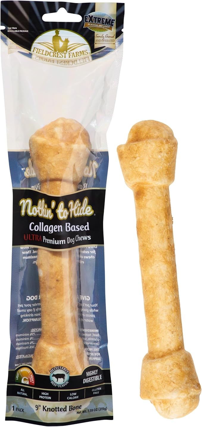 Fieldcrest Farms Nothin' to Hide 9-inch Ultra Knotted Bone Treat - Natural Rawhide Alternative Treats for Dogs, Collagen Based Snack for Heavy Chewers Over 50lbs - Beef Flavor, 1 Pack
