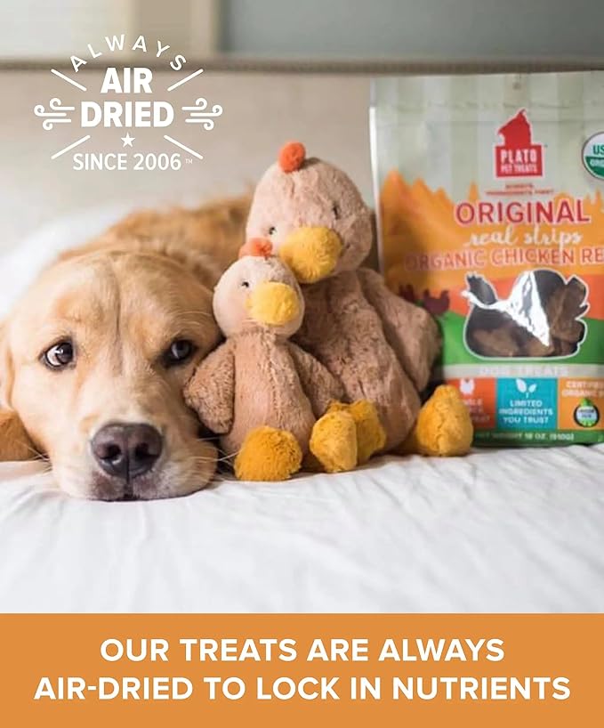 PLATO Pet Treats Real Strips Dog Treats – USDA Organic Chicken – Air-Dried High Protein Dog Treats – Limited Ingredient, Nutrient Dense, No Fillers – Made in USA – 6 oz