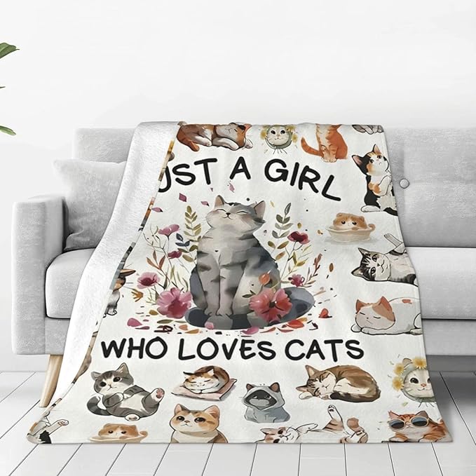 SweetFox Just A Girl Who Loves Cats Blanket, Cute Cat Decor Throw Blanket Gifts for Girls Boys Lovers Super Warm Soft Plush Fleece Flannel Winter Bedding Blankets for Kids Adults Men Women 80"X60"