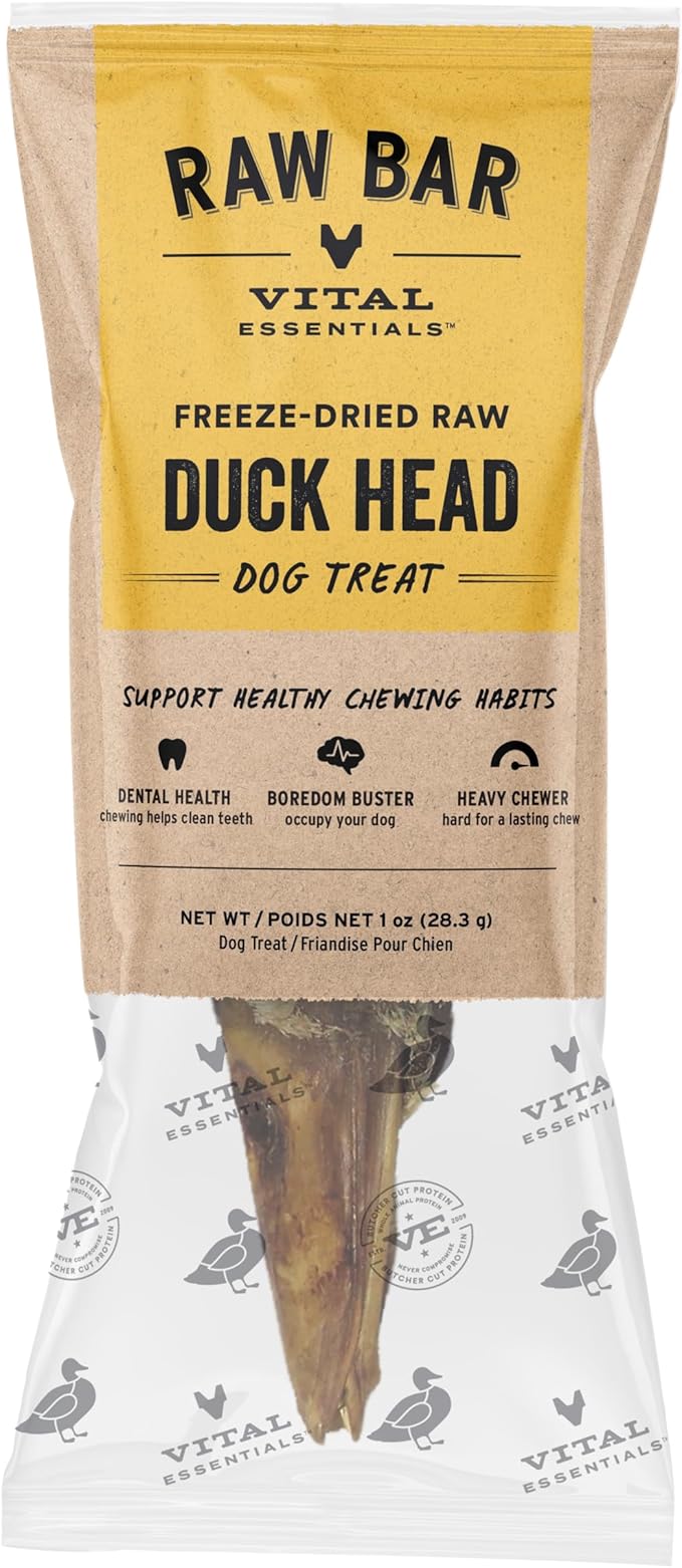 Vital Essentials Freeze-Dried Raw Duck Head Dog Treat & Long-Lasting Natural Chew, 1-Pack | Single Ingredient Dog Treat for Aggressive Chewers | Made in USA