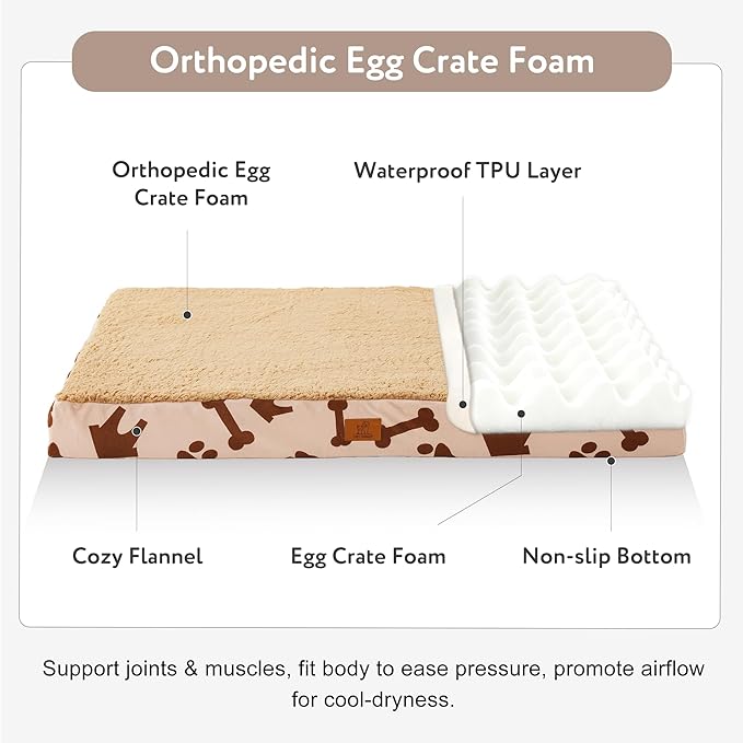 XL Dog Bed for Crate, 41x27 Inch Washable Crate Mat with Removable Cover & Anti-Slip Bottom, Comfy Orthopedic Egg Crate Foam Flat Pet Bed, Beige