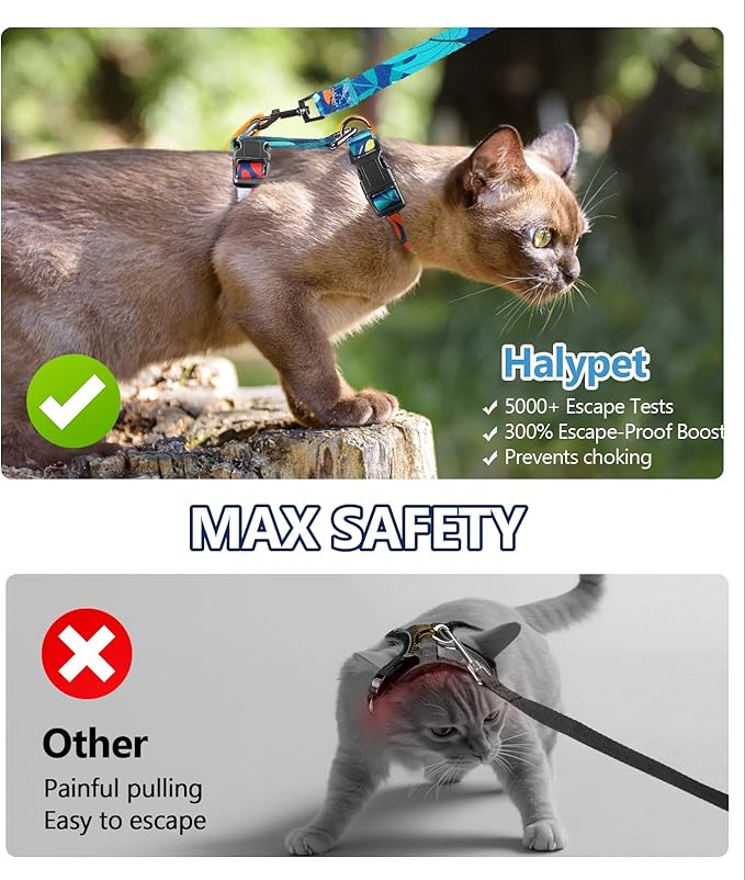 Halypet Cat Harness and Leash Set, Escape Proof [3 in 1 Adjustable & Lightweight] Cat Harness, Comfortable Soft Kitten Harness for Cats Safe, Easy to Wear, Outdoor Walking Travel