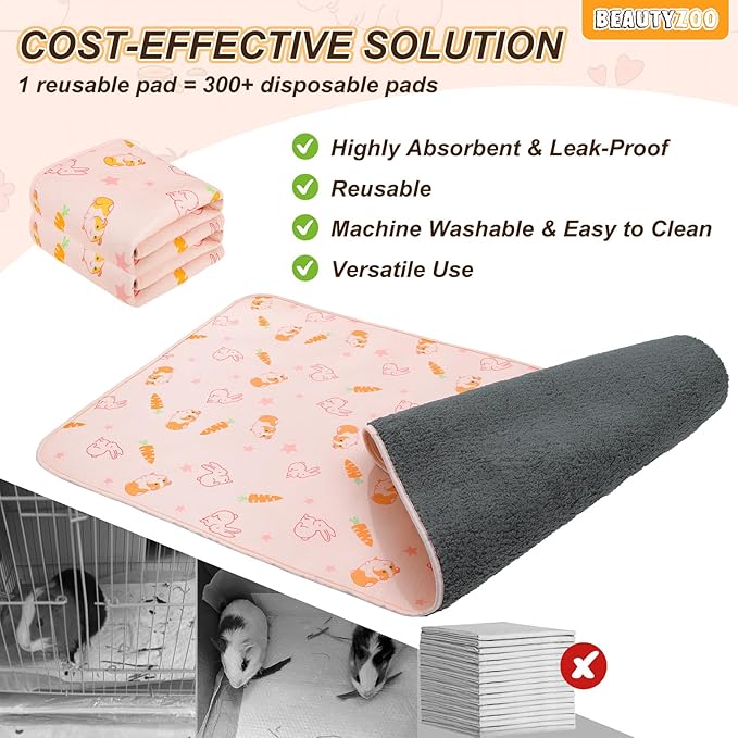 BEAUTYZOO 2 Pack Guinea Pig Cage Liners, Washable Reversible Fleece Guinea Pig Bedding, Waterproof Super Absorbent Pee Pads for Small Animals Rabbit - 24" x 47" Pink