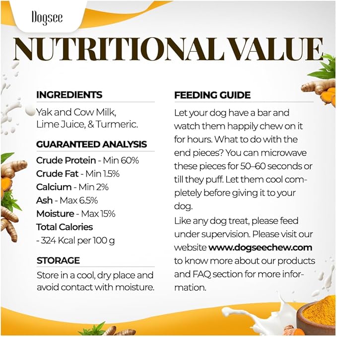 Dogsee Himalayan Yak Cheese Chews with Turmeric 2lb – Medium Size (12 Pack) | Long-Lasting Natural Treats for Dogs | Anti-Inflammatory | Odorless & Helps with Teeth Cleaning