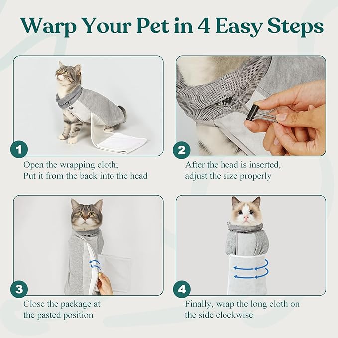 Supet Cat Grooming Wrap for Cutting Nails, Self-Adhesive Anti-Scratch Swaddle with Bite-Proof Mesh Hood & Thick Waist Strap Anti-Escape Bag for Nail Trimming, Medication, Ear Cleaning (Grey S)