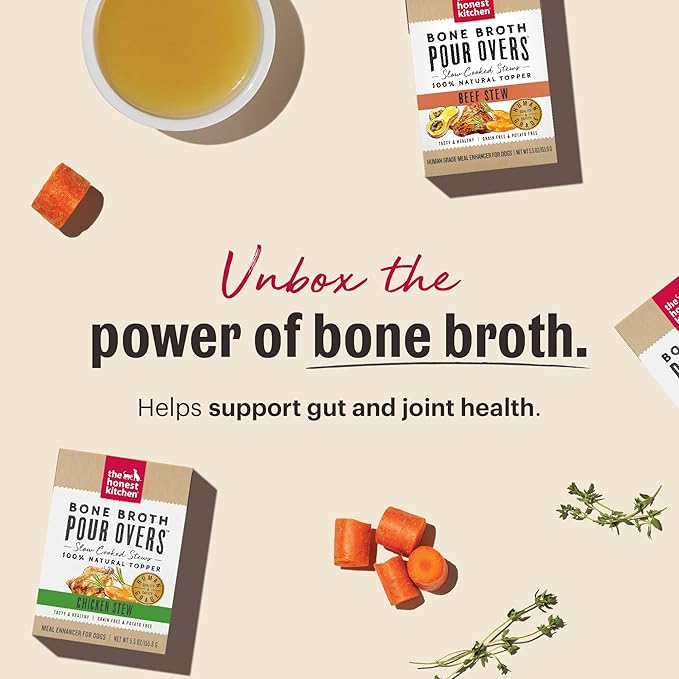 The Honest Kitchen Bone Broth POUR OVERS Wet Toppers for Dogs (12 Pack), 5.5 oz - Beef Stew