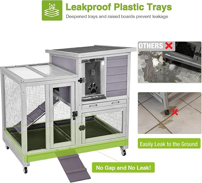 GUTINNEEN 40.6"L 2-Story Rabbit Hutch Indoor & Outdoor Guinea Pig Cage, Wooden Bunny House with Wire Mesh Floor, Leakproof Pull-Out Tray & Heavy-Duty Wheels, Small Animal Enclosure for Patio Backyard