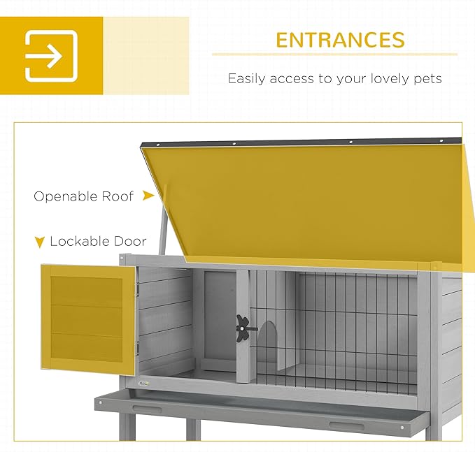 PawHut Elevated Wooden Rabbit Hutch, Indoor/Outdoor Bunny Cage with Hinged Asphalt Roof and Removable Tray for Guinea Pig, Gray