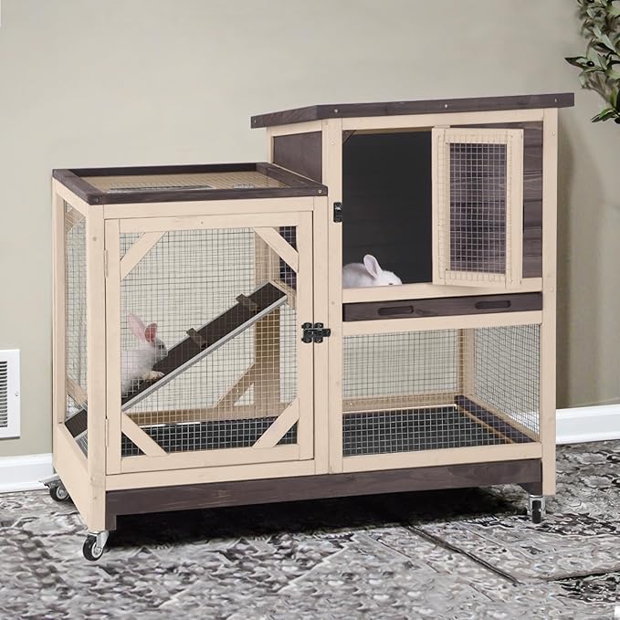 GUTINNEEN 2-Story Rabbit Hutch with Chew-Proof Ramp & Pull-Out Trays - Indoor/Outdoor 39.3" Wooden Rabbit Cage on Wheels for Rabbits, Guinea Pigs (Dark Brown)