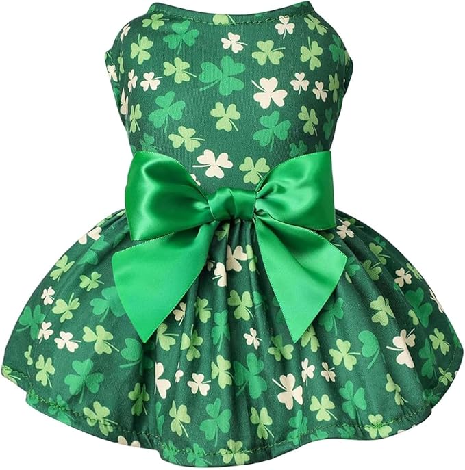 Idepet St. Patrick's Day Dog Dress with Bow Dog Tulle Skirt for Small Dog Girls Green Puppy Dress Cat Apparel Pet Holiday Outfits (Green, X-Large)