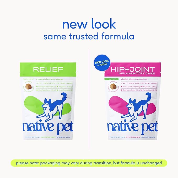 Native Pet Inflammatory Care - Pain Relief for Dogs - Green-Lipped Mussel, Turmeric & Collagen for Dogs - Hip and Joint Supplement Supports Healthy Inflammatory Response & Joint Comfort - 60 Chews