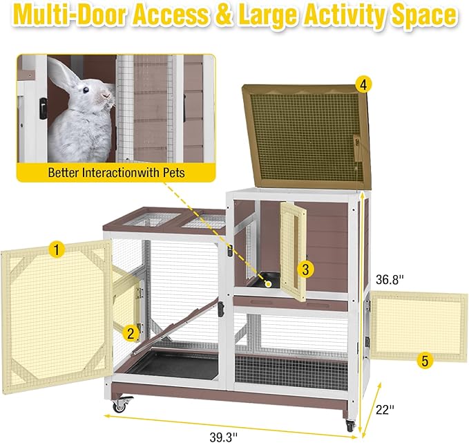 Aivituvin 39.3" Large 2-Story Rabbit Hutch, Indoor Outdoor Bunny Cage with Chew-Proof Ramp, Leak-Proof & Easy-to-Clean Tray, Lockable Wheels, for Rabbits & Guinea Pigs