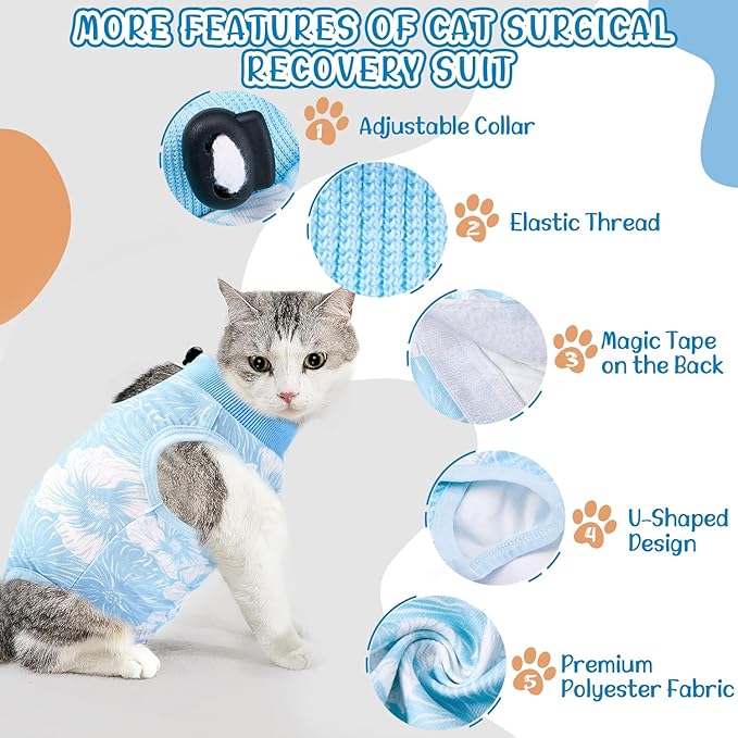 SlowTon Cat Recovery Suit - Cat Onesie for Cats After Surgery Female Male, Kitten Clothes Cats Surgical Spay Suit Abdominal Wounds, E-Collar Alternative Bodysuit Shirt Anti-Licking (Blue Flower,M)