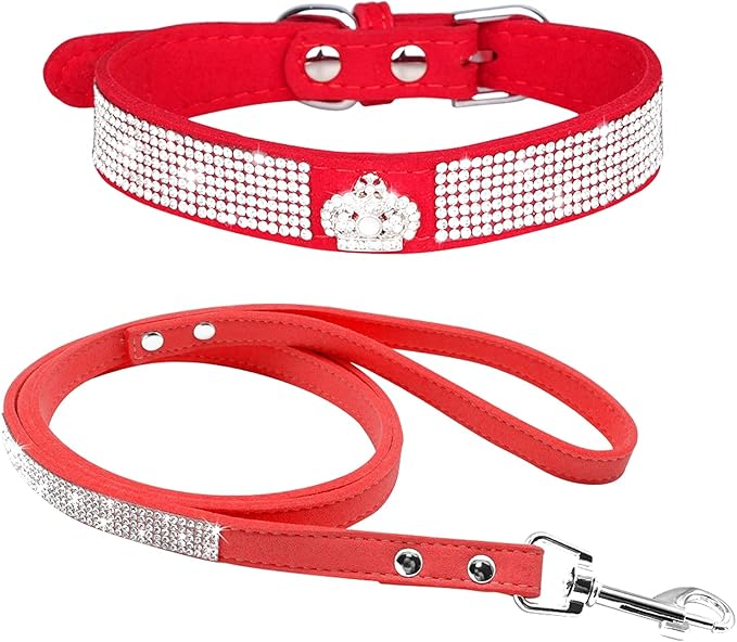 Cute Dazzling Sparkling Elegant Fancy Soft Suede Leather Bling Rhinestone Crystal Jeweled Pet Cat Dog Puppy Collar Dog Leash Combo Set (M, Red-5)