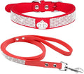 Cute Dazzling Sparkling Elegant Fancy Soft Suede Leather Bling Rhinestone Crystal Jeweled Pet Cat Dog Puppy Collar Dog Leash Combo Set (L(Neck 15-18"), Red-4)