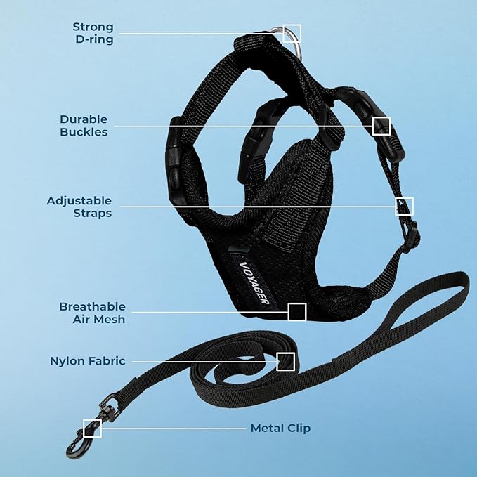 Voyager Escape-Proof Step-in Lock Cat Harness & 5ft Neoprene-Handle Leash Set All-Weather Mesh with Reflective Stitching for Small to Large Cats by Best Pet Supplies, Black, XXXS