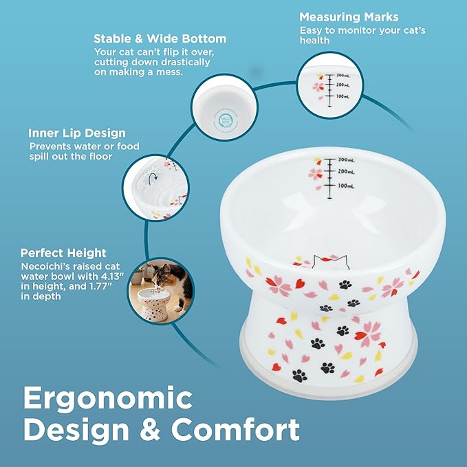 Necoichi Elevated Cat Water Bowl – Ceramic Raised Cat Bowl, Prevents Neck & Whisker Fatigue – Dishwasher & Microwave Safe – Pet Water Bowl for Cats (Sakura Floral, Extra Tall)