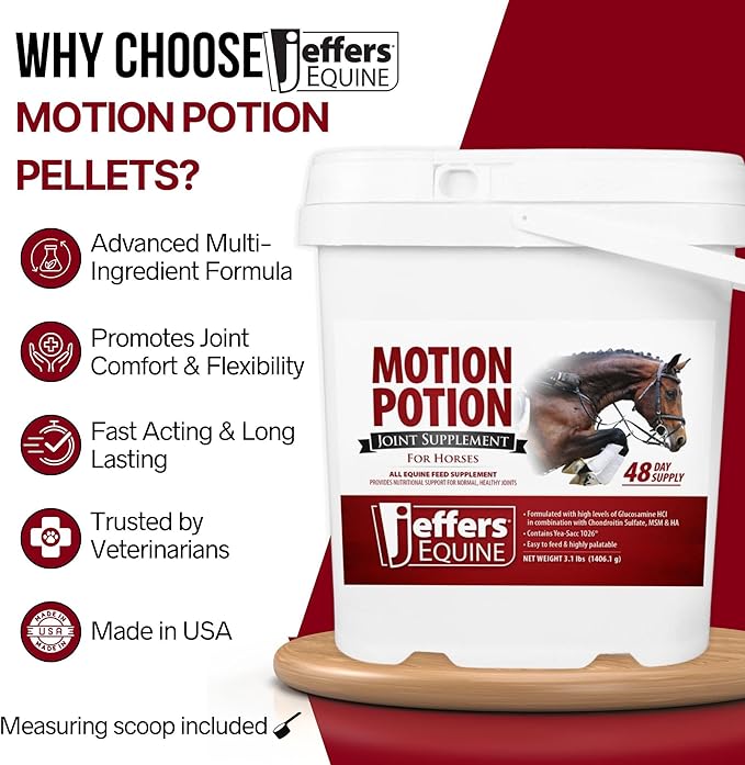 Jeffers Motion Potion Horse Joint Supplement Pellets – Glucosamine HCL, MSM, Chondroitin, Hyaluronic Acid, Vitamin C & E, Daily Equine Support for Senior & Active Horses – 3.1, lbs 160 Day Supply