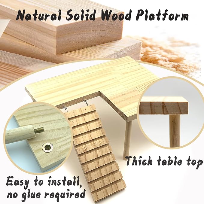 Wooden Hamster Platform with Legs, Large Syrian Hamsters Climbing Platforms with Ramp Kit Wood Ladder Bridge Rat Playing Toy Standing Table Gerbil Cage Accessories