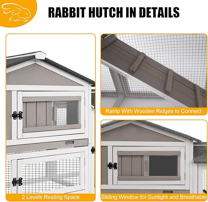 PetsCosset 57" L Rabbit Hutch Indoor and Outdoor 2-Story Rabbit Cage with Pull Out Tray,Fir Wood Guinea Pig Cages with Wooden Ramp,Waterproof Bunny Cage Indoor Bunny Hutch with Waterproof Roof,Grey