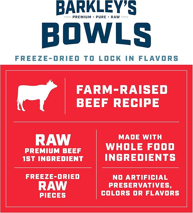 Barkley’s Bowls, Freeze-Dried Raw Beef Dog Food, Fresh Whole Food Ingredients with Farm-Raised Beef, Grain Free, High Protein for Balanced Nutrition, Dog Treats or Topper, 16 Oz Bag (3 Pack)