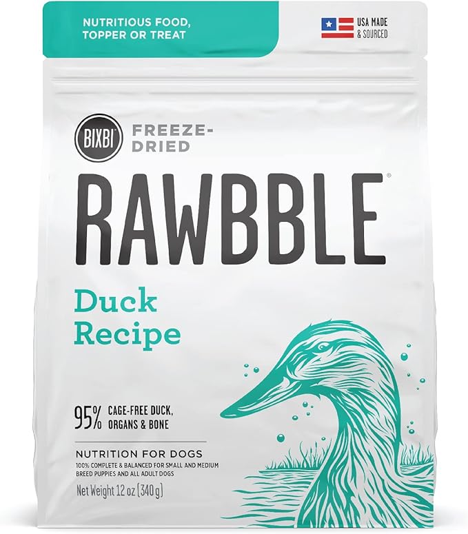 BIXBI Liberty Freeze-Dried Dog Food Topper & Treats, Duck – 95% Meat & Organs, No Refrigeration – USA Made, 12 oz