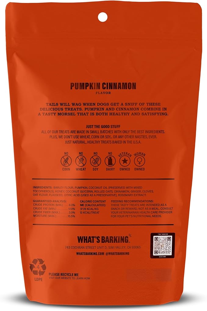 What's Barking Soft Bites, Soft Chewy Dog Treats for Training or Snacking, Pet Essentials, Bite Size Pieces for Dogs, Natural Ingredients, Made in USA, Resealable Bag (Pack of 1, Pumpkin Cinnamon)