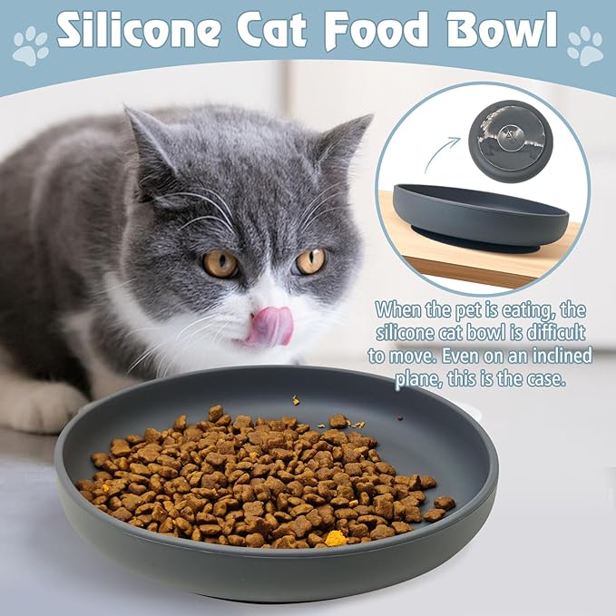 BNOSDM Silicone Cat Bowl Non-Slip Cat Food Plate Flat Dog Bowls with Suction Cup Shallow Puppy Food and Water Dish for Small and Medium Pets (Steel Gray)