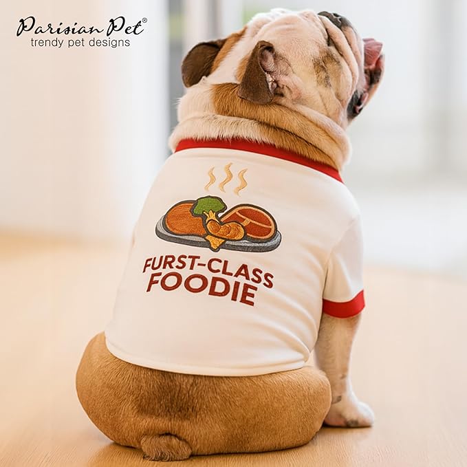 Parisian Pet Dog Furst Class Foodie Shirt - Embroidered Pet Vest - 100% Cotton & Polyester Doggy Shirt - Lightweight Pet Clothes - Sleeved Puppy Costume - Funny Shirts for Large Dogs - 3XL