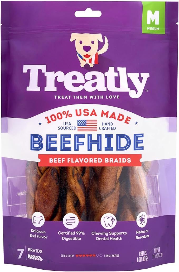 USA Beefhide Braids 7-8" Dog Chew Treats - Beef Flavor, 7 Count/1 Pack