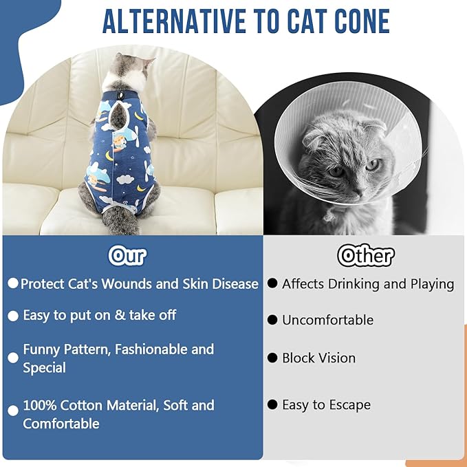 SlowTon Cat Recovery Suit - Cat Onesie for Cats After Surgery Female Male, Kitten Clothes Cats Surgical Spay Suit Abdominal Wounds, E-Collar Alternative Bodysuit Shirt Anti-Licking (Navy, M)