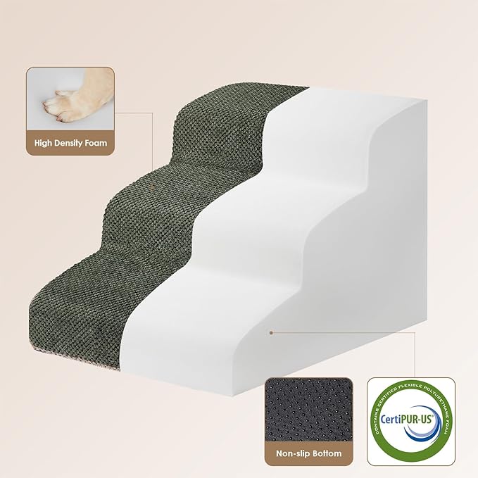 EHEYCIGA Curved Dog Stairs Ramp for Small Dogs 15.7" H, 3-Step Dog Steps for Couch Sofa and Chair, Pet Stairs for Cats, Non-Slip Balanced Pet Steps Indoor, Military Green