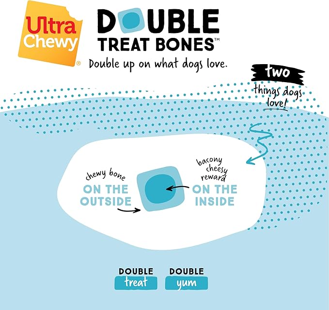 Ultra Chewy Bacon and Cheese Double Treat Bones: Long-Lasting Chews Made in USA, Highly Digestible, for Aggressive Chewers (6 Count)